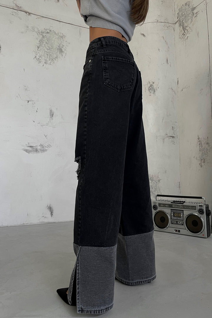 Geniş Paça Lazerli Gri Jean