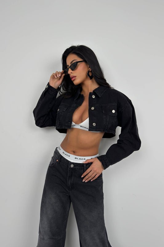 Wide Padded Gray Crop Denim Jacket 