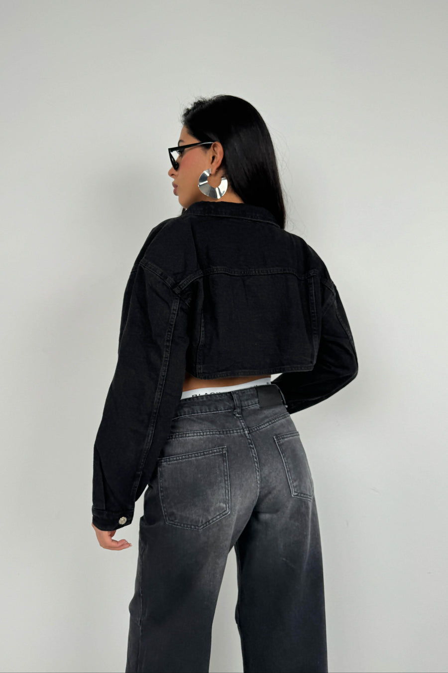 Wide Padded Gray Crop Denim Jacket 