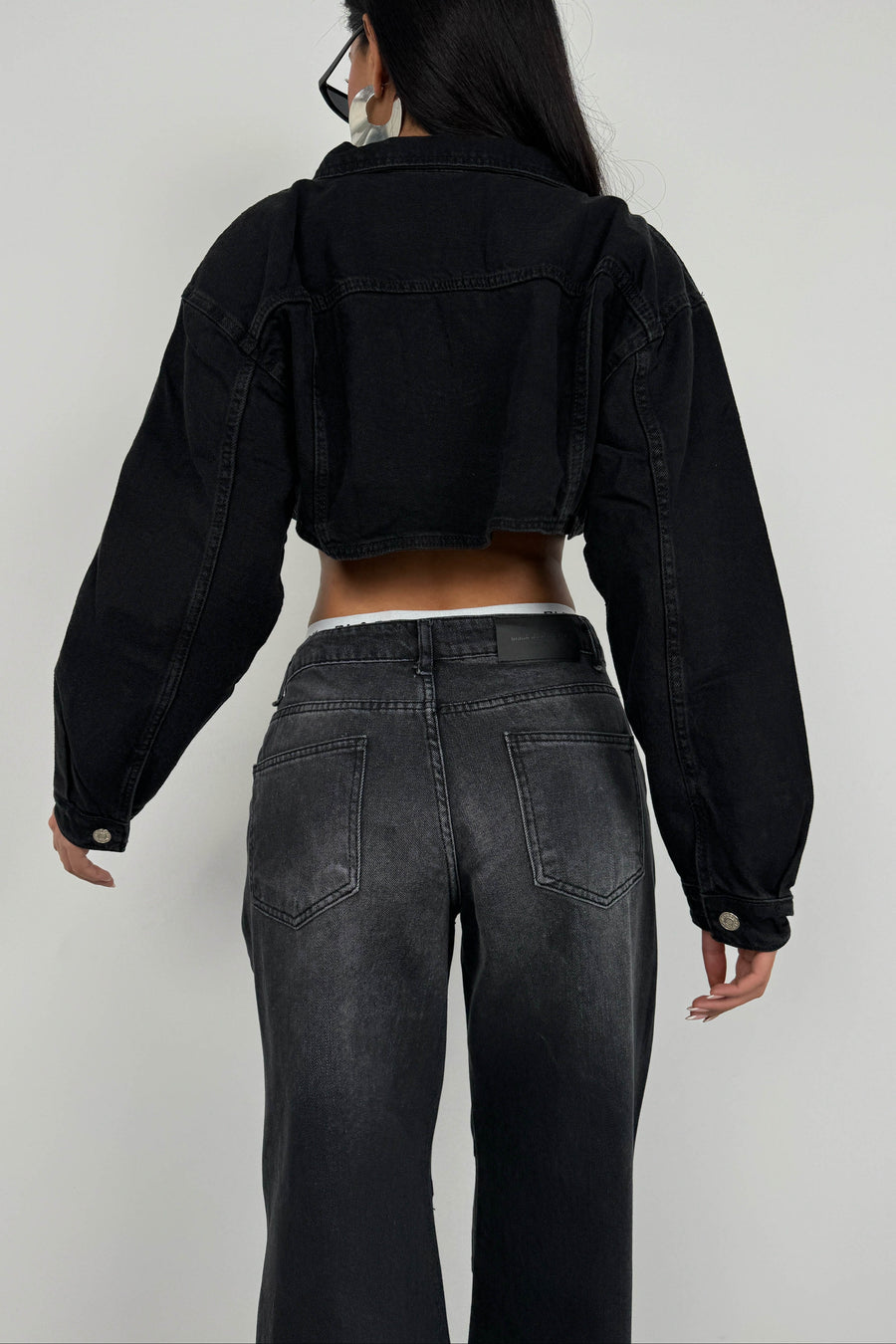 Wide Padded Gray Crop Denim Jacket 