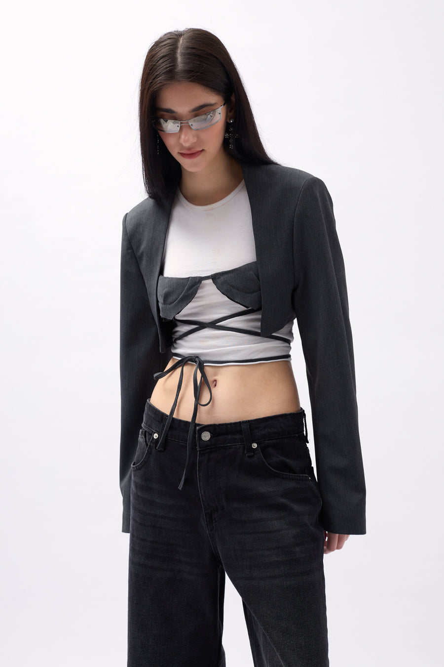 Chest Bra Detail Dark Grey Crop Jacket 