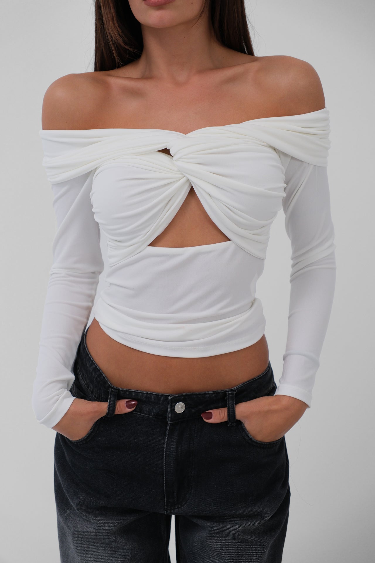 Strapless White Blouse with Chest Pleats 