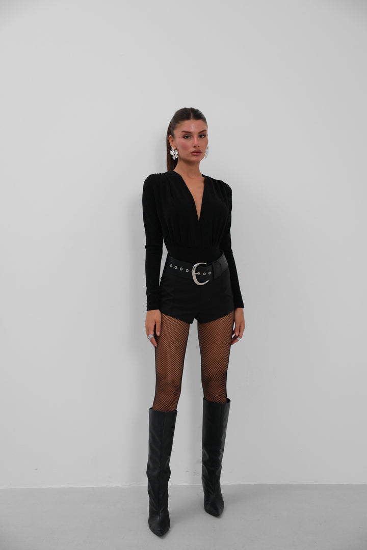 Cleavage Glittery Black Bodysuit 