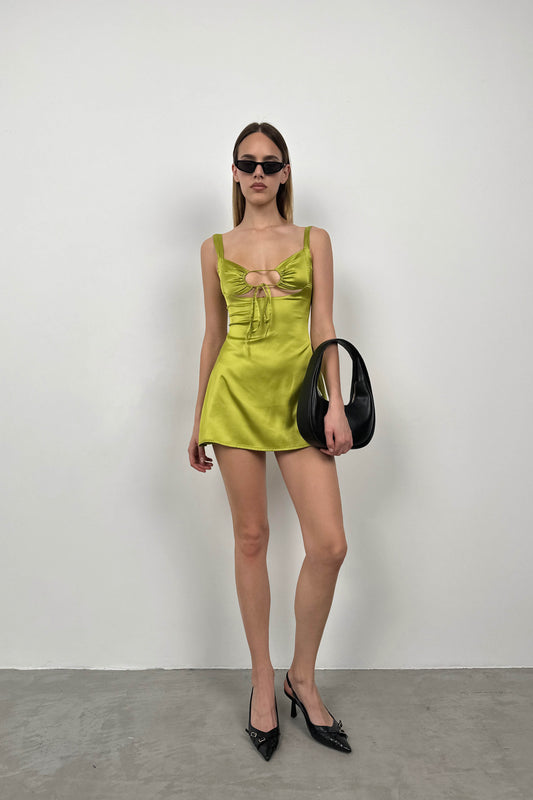 Low Cut Thick Strapped Lime Mini Dress 