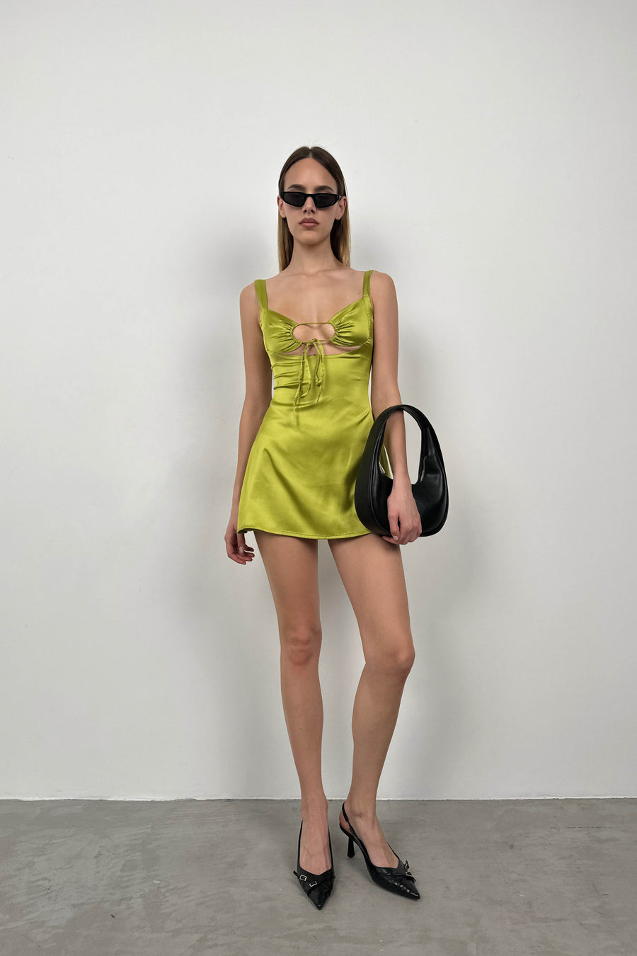 Low Cut Thick Strapped Lime Mini Dress 