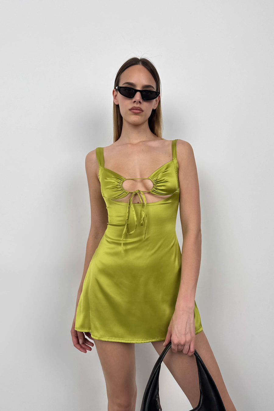 Low Cut Thick Strapped Lime Mini Dress 