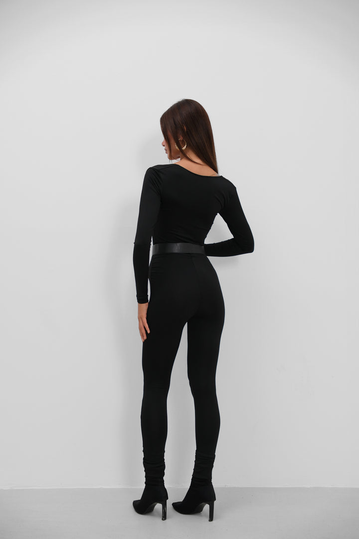 Chest Detail Long Sleeve Globe Black Jumpsuit 
