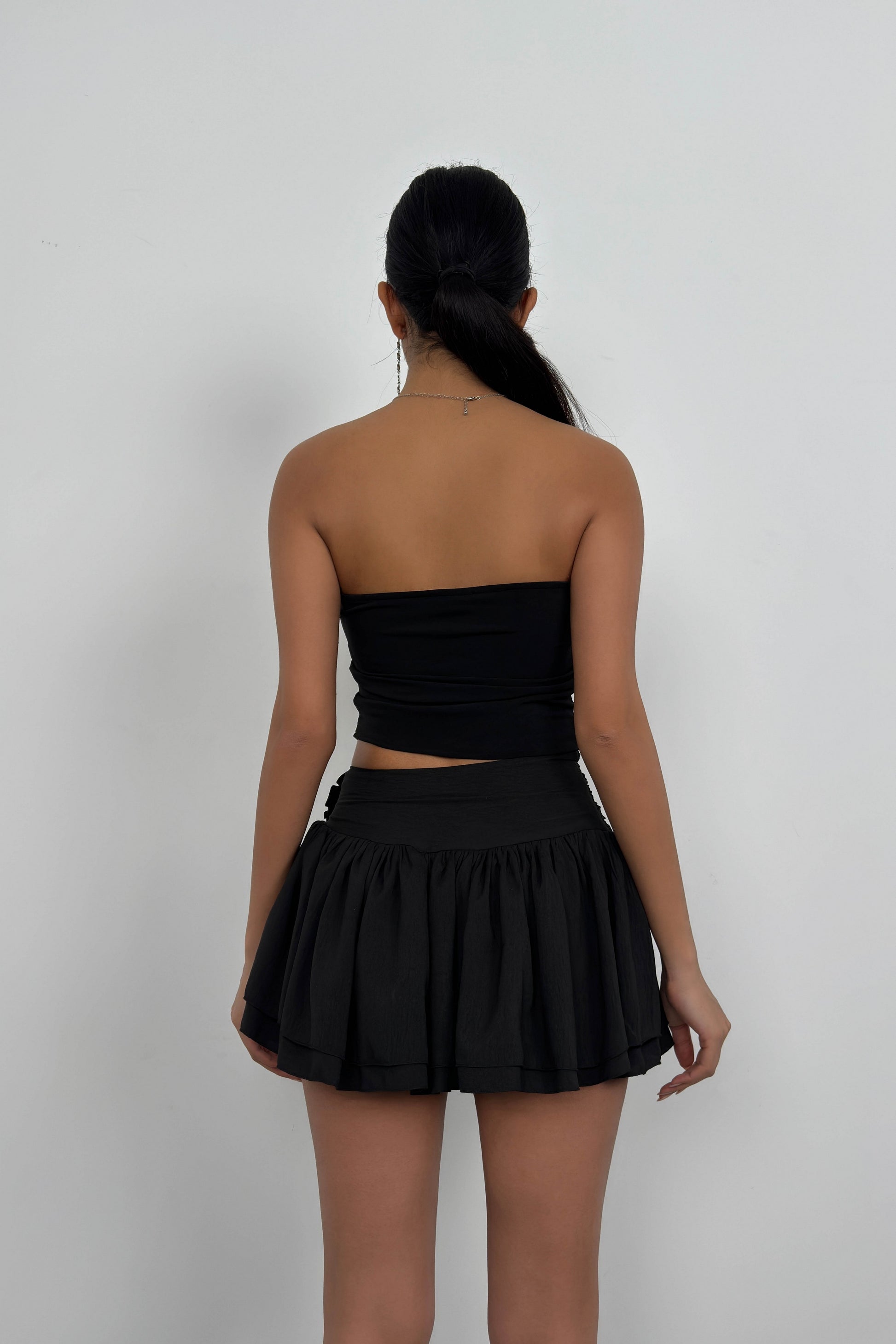 Black Skirt with Rose Detail Flounce 