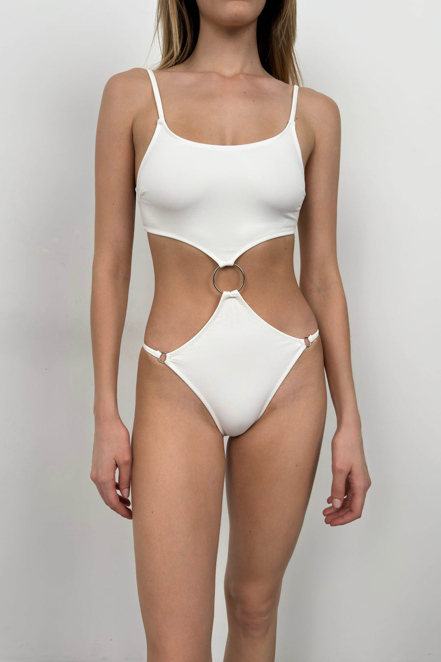 White Swimsuit with Ring Detail Buckle 