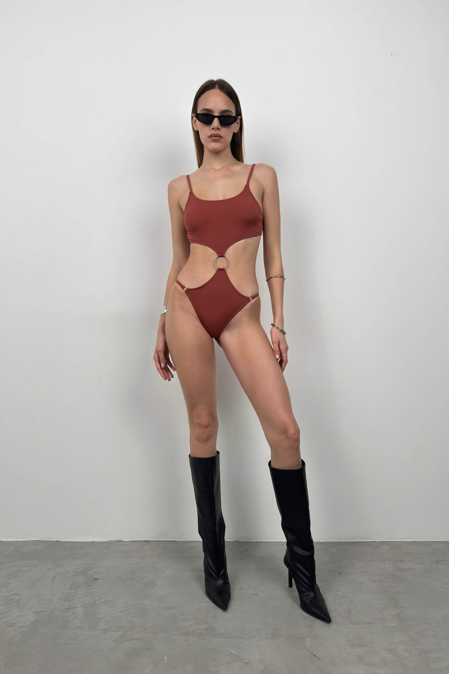 Brown Swimsuit with Ring Detail Buckle 