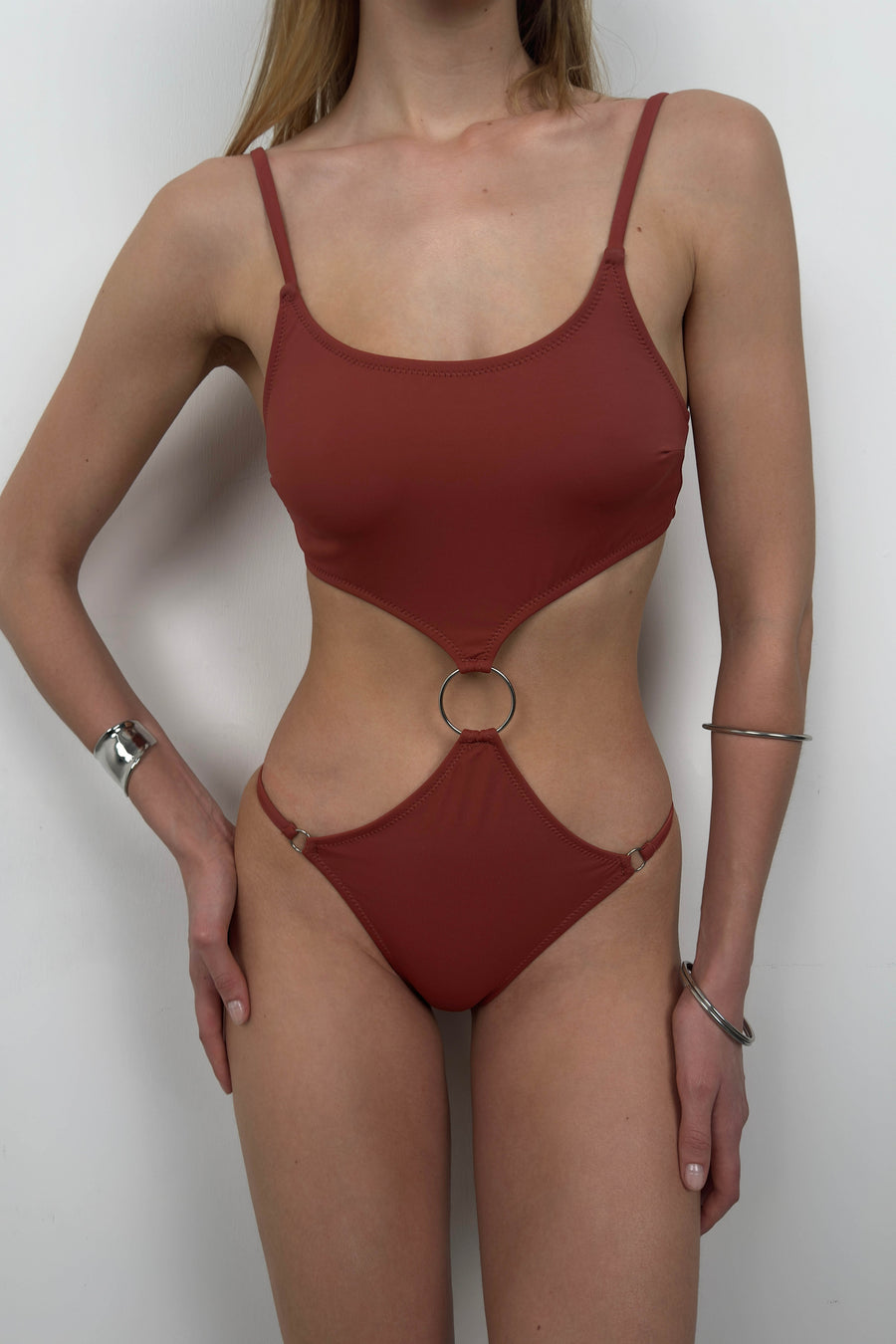 Brown Swimsuit with Ring Detail Buckle 