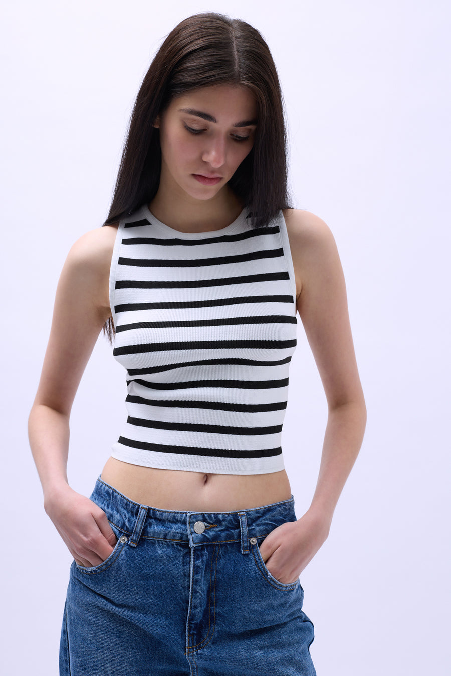 Halter Yaka Çizgili Beyaz-Siyah Crop