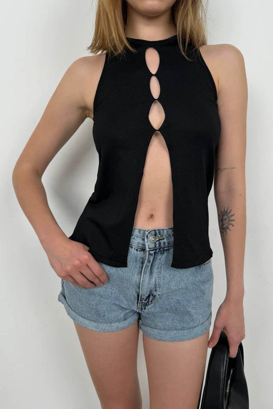 Halter Neck Chest Detail Black Blouse 