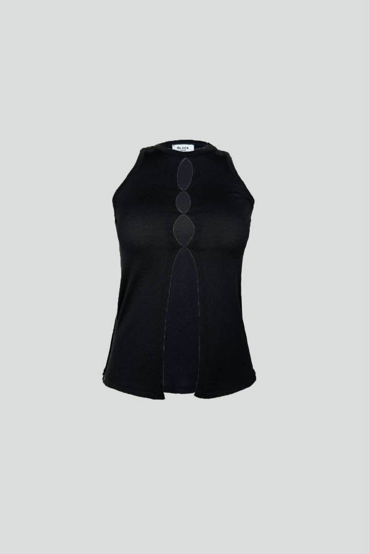 Halter Neck Chest Detail Black Blouse 