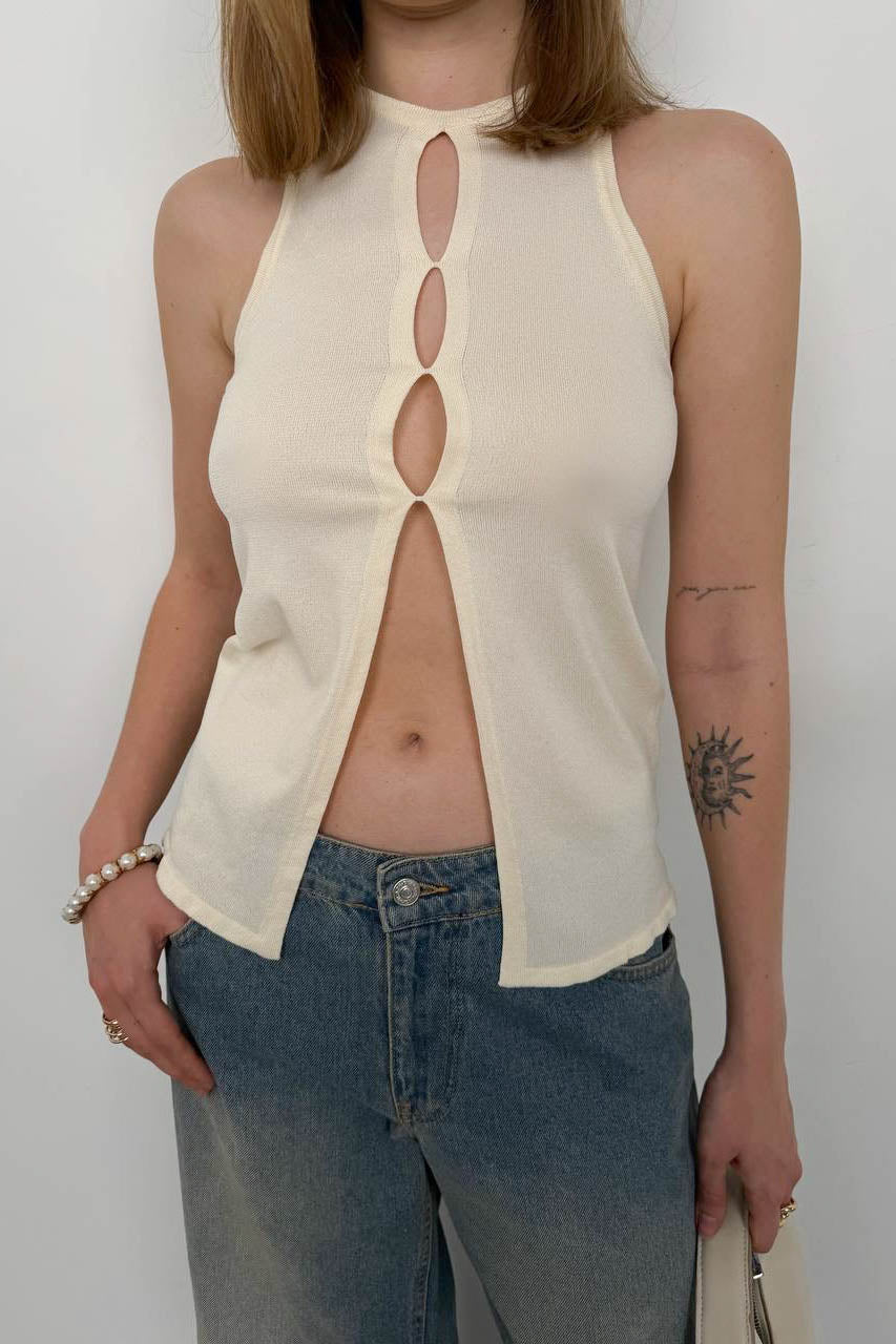 Halter Neck Chest Detail Stone Blouse 