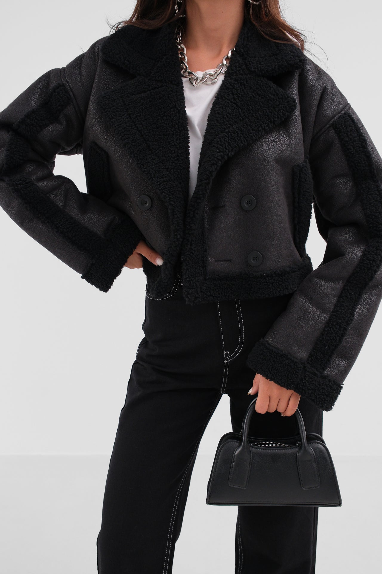 Black Leather Coat with Fur Inside 