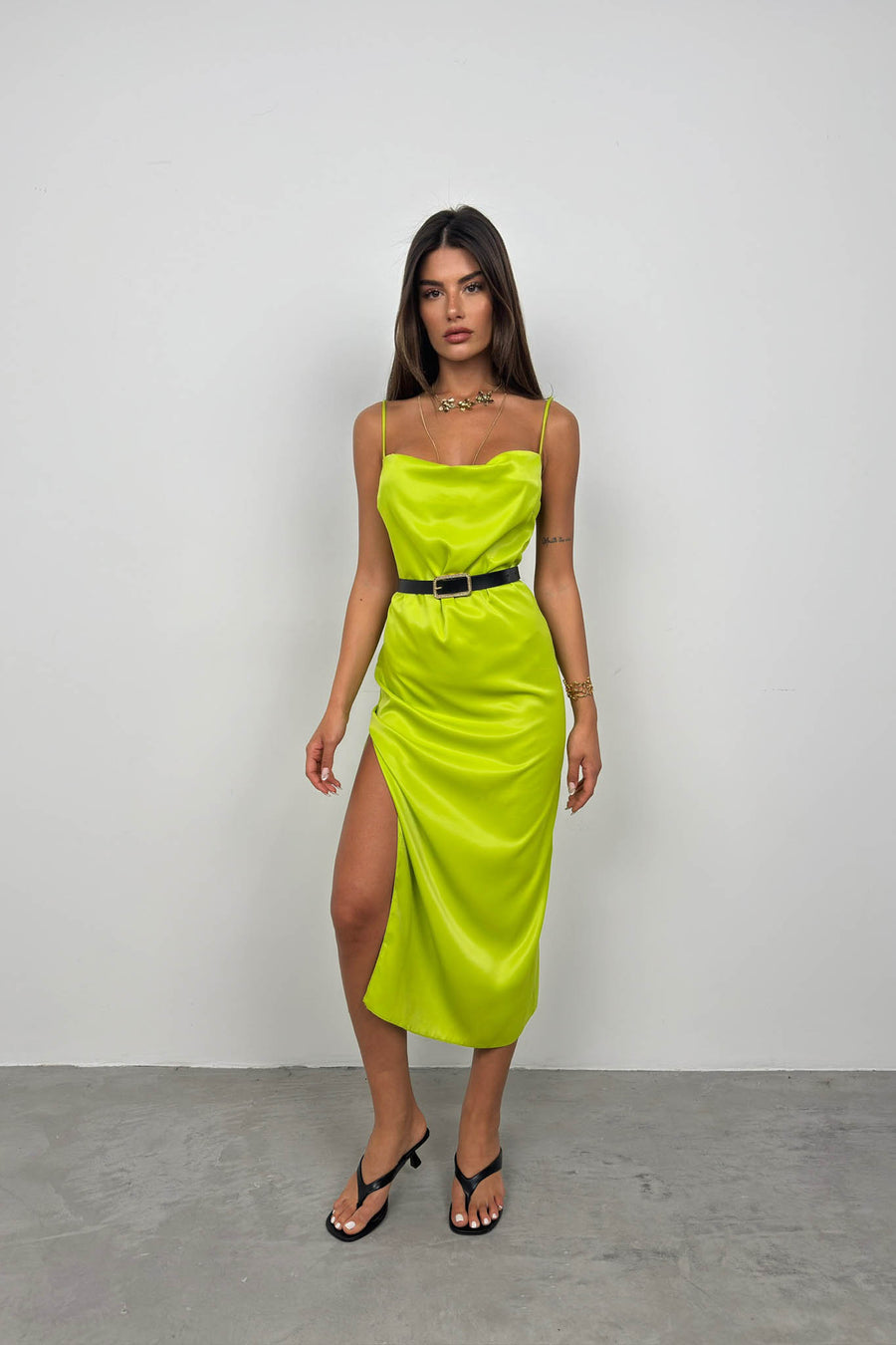 Thin Strap Satin Green Dress 