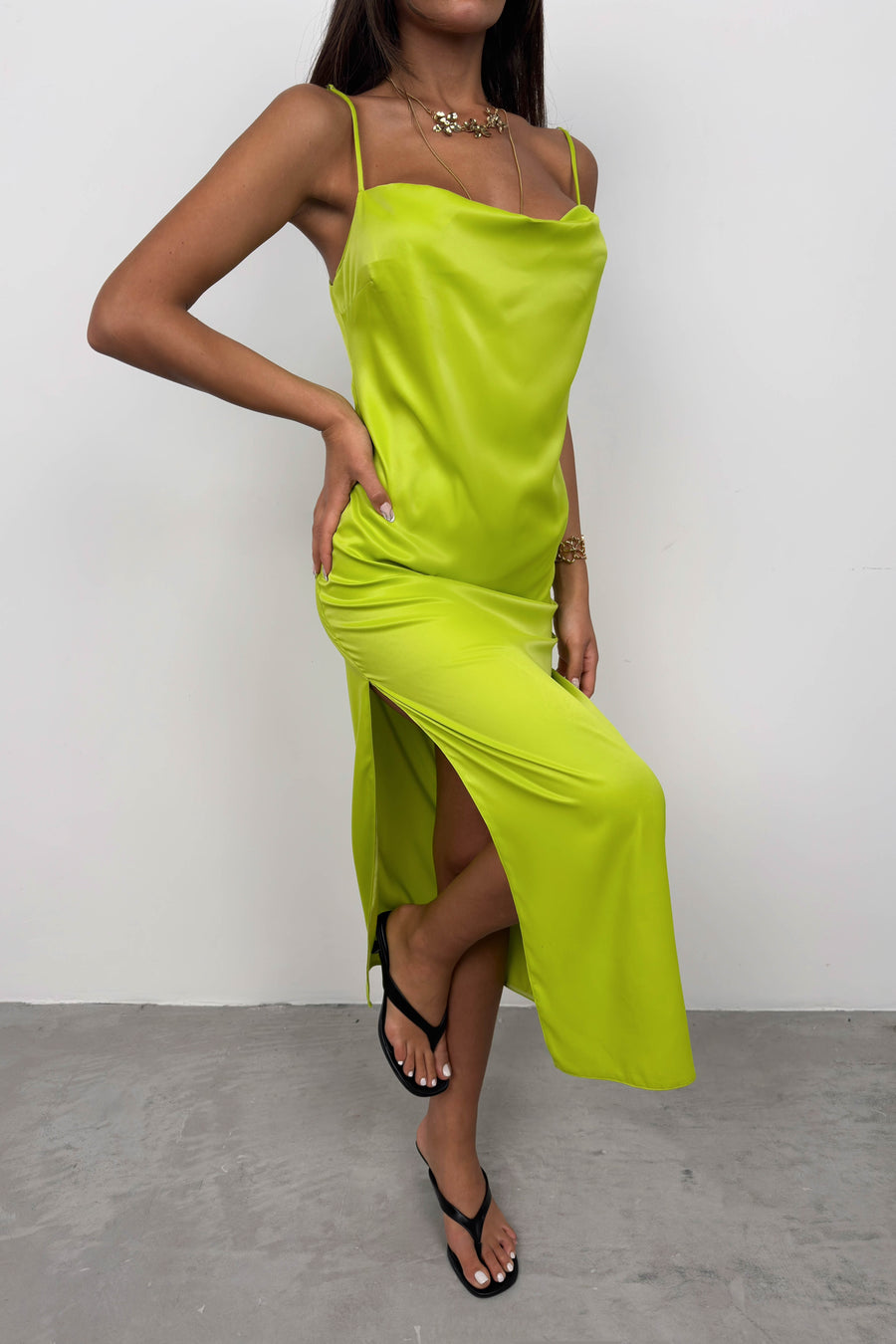 Thin Strap Satin Green Dress 