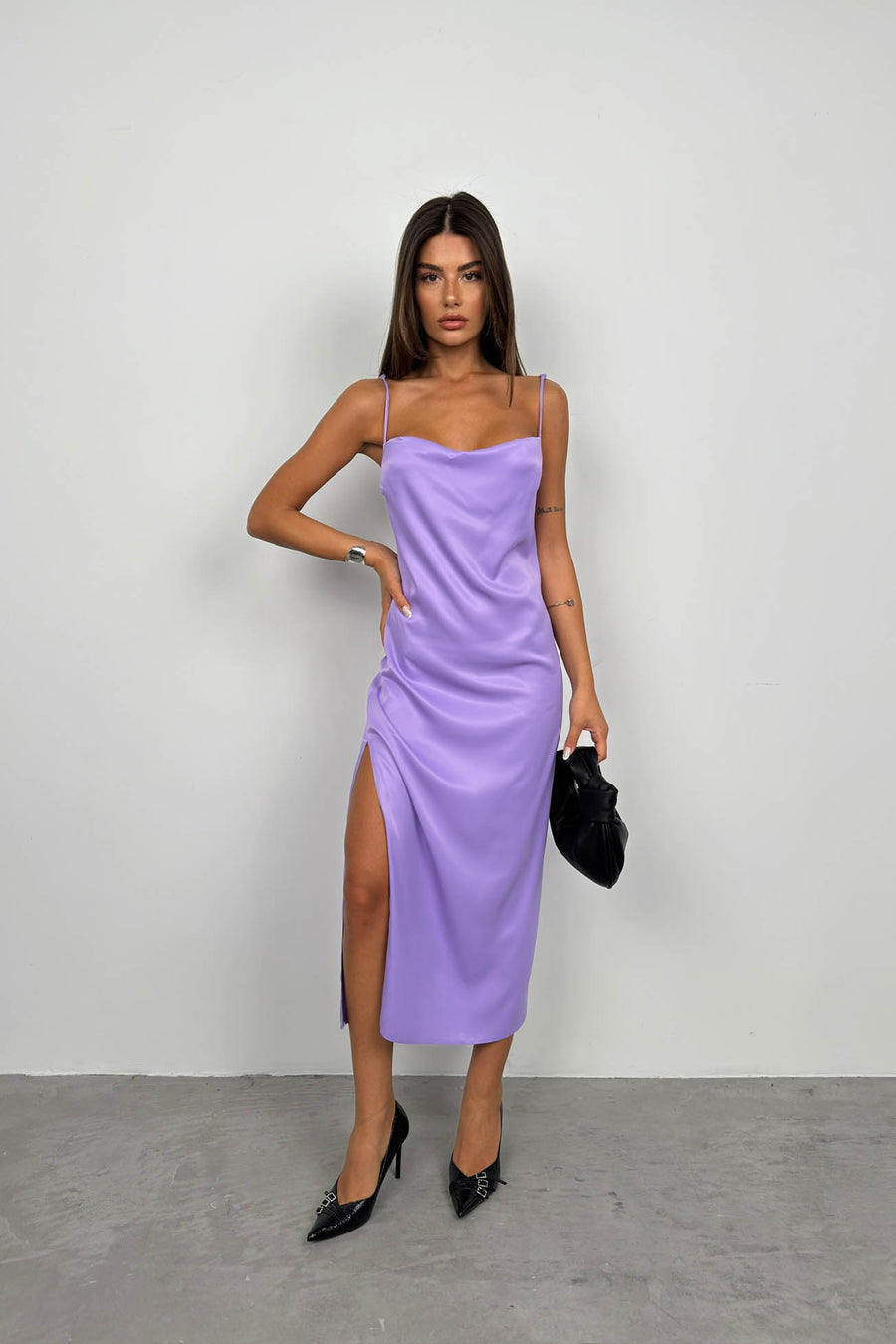 Thin Strap Satin Lilac Dress 