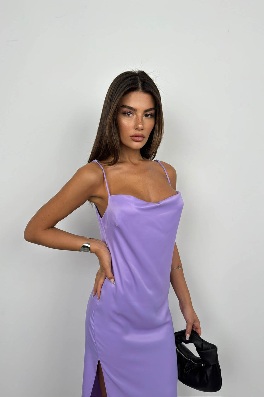 Thin Strap Satin Lilac Dress 