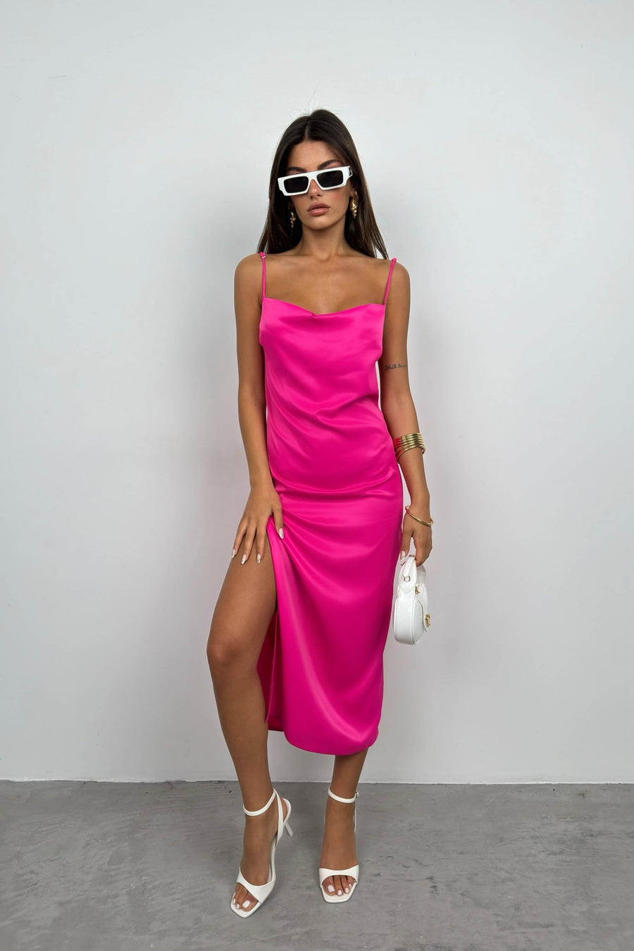 Thin Strap Satin Fuchsia Dress 