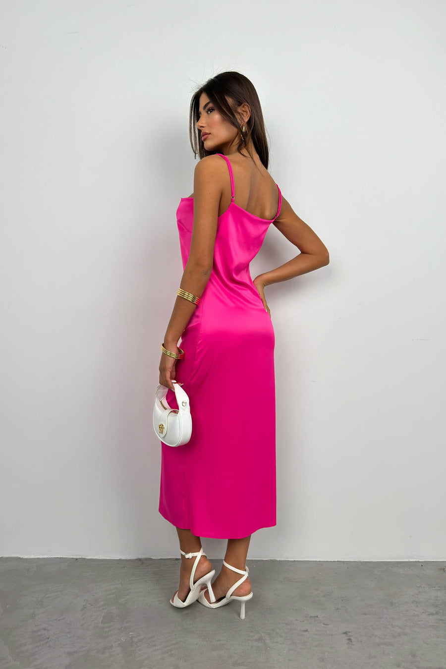 Thin Strap Satin Fuchsia Dress 