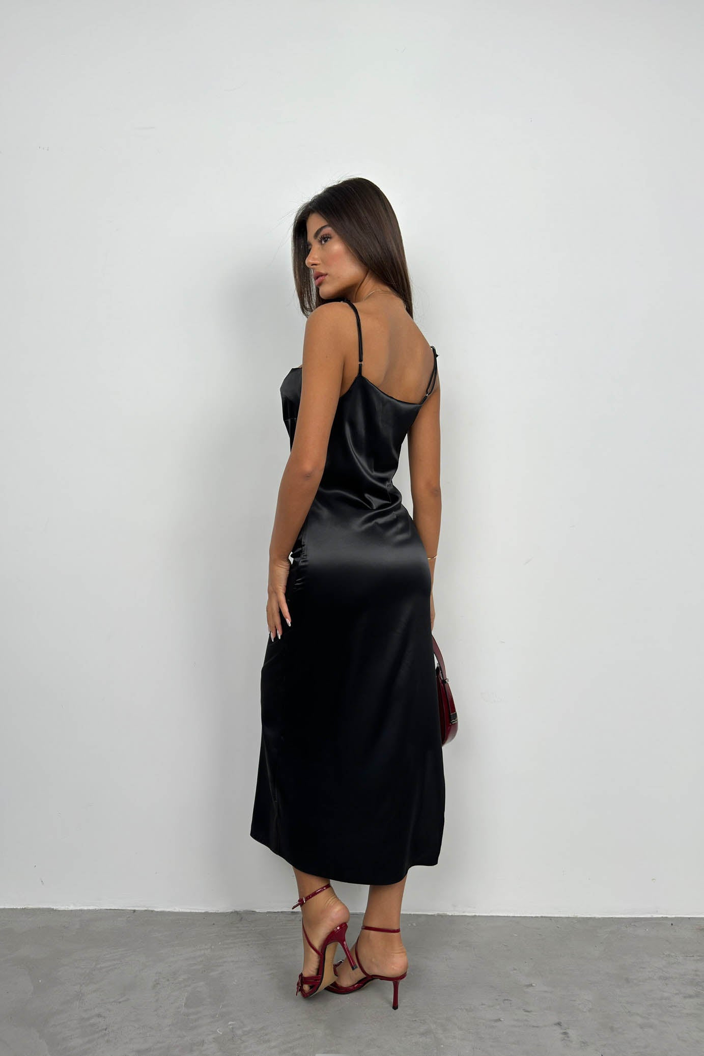 Thin Strap Satin Black Dress 