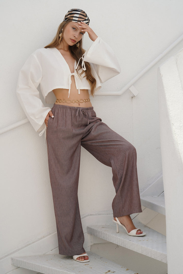 Thin Belted Lace Detail Brown Trousers 