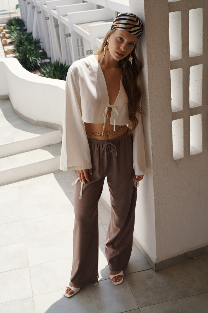 Thin Belted Lace Detail Brown Trousers 