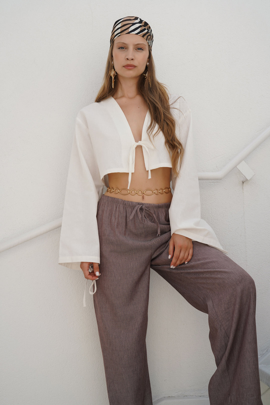 Thin Belted Lace Detail Brown Trousers 