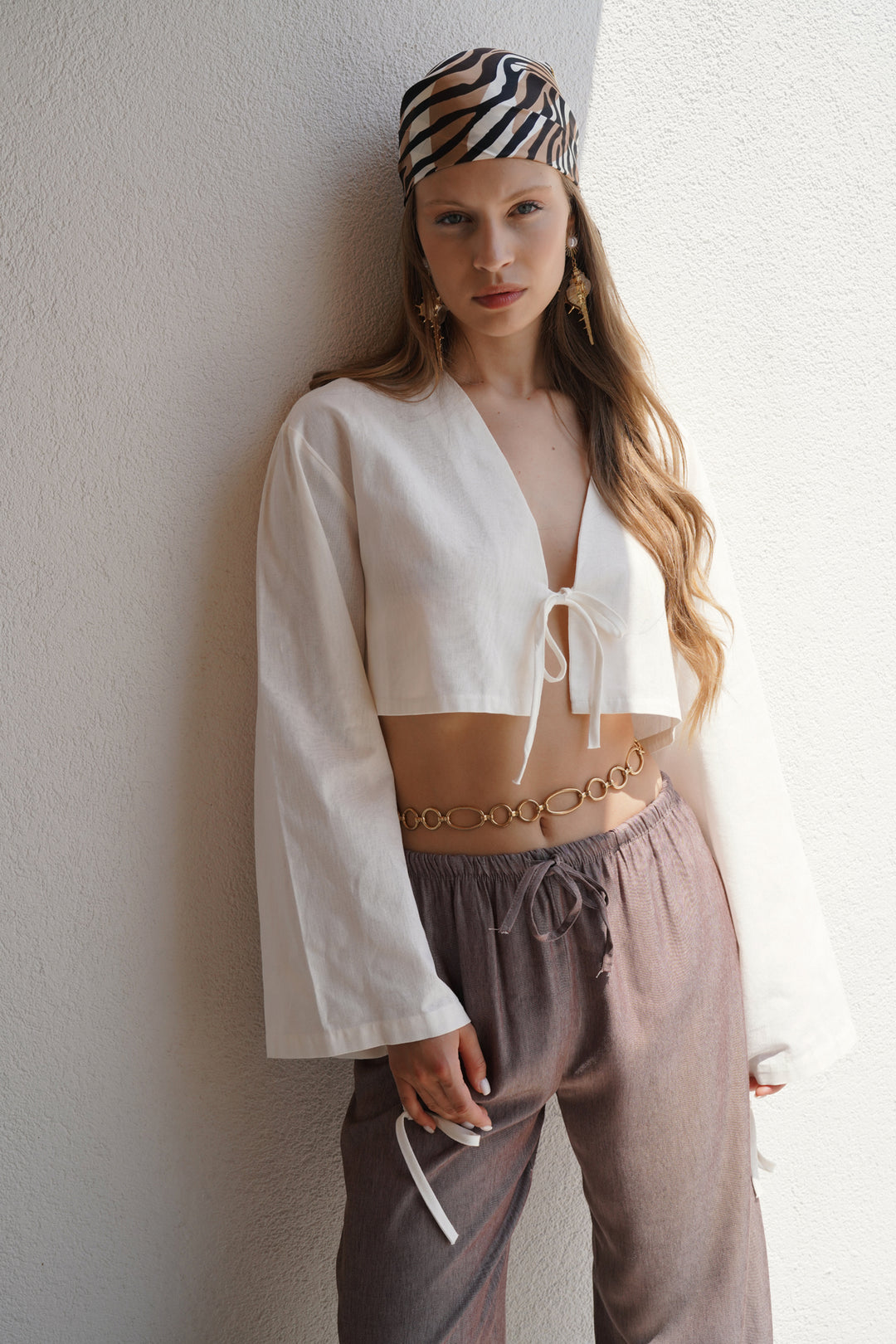 Thin Belted Lace Detail Brown Trousers 