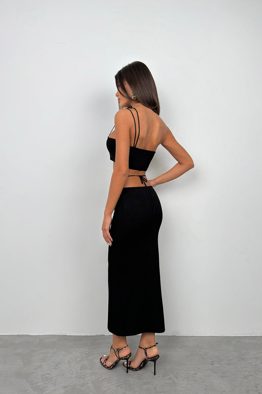 Rope Detail Textured Black Maxi Skirt