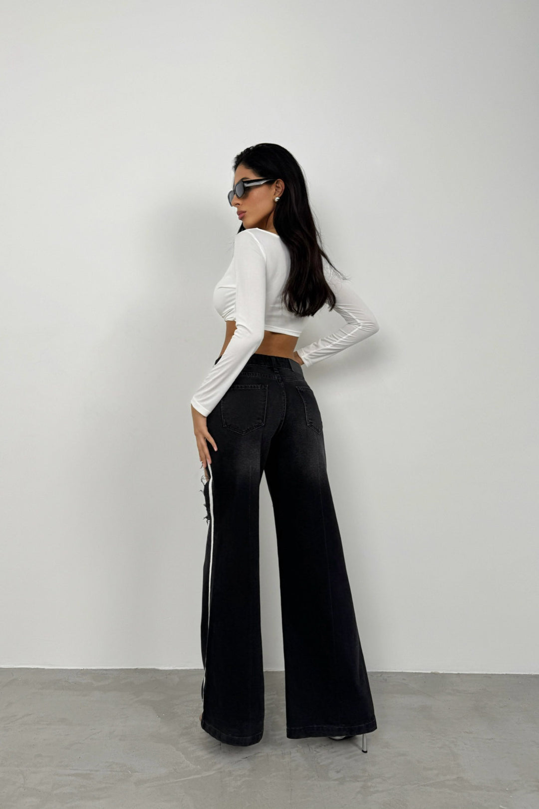 Spanish Leg Side Piping Striped Black Jeans 