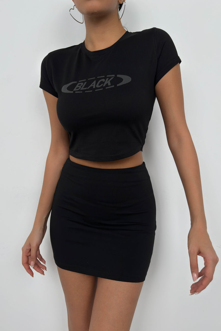 Embossed Printed Lycra Black T-Shirt 