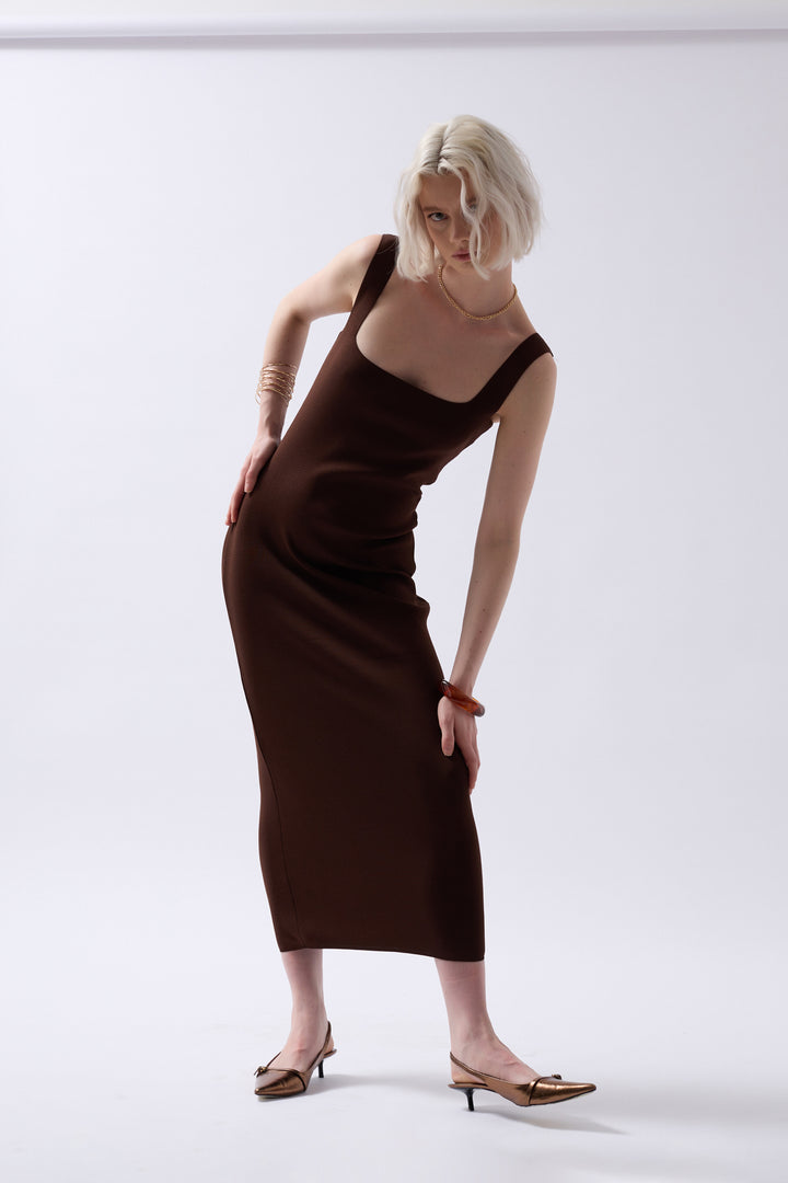 Thick Strappy Midi Brown Dress