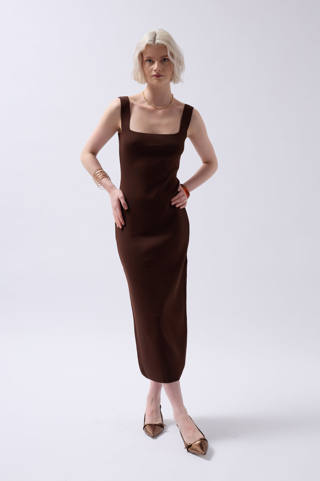 Thick Strappy Midi Brown Dress