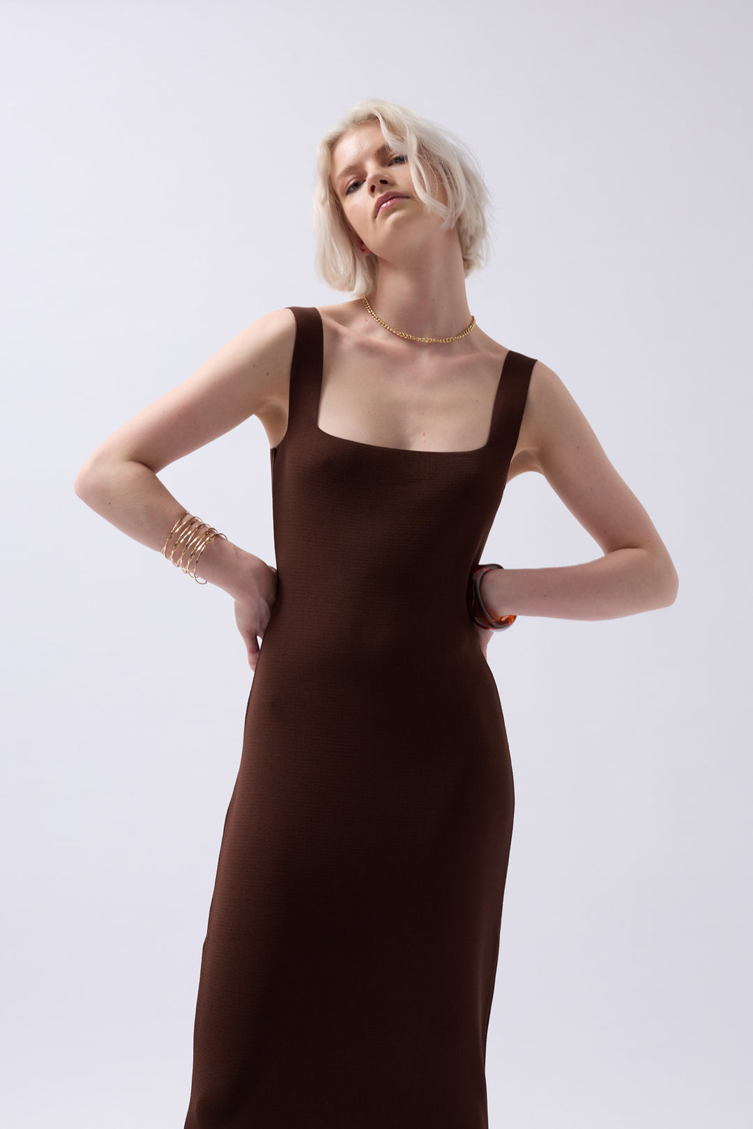 Thick Strappy Midi Brown Dress