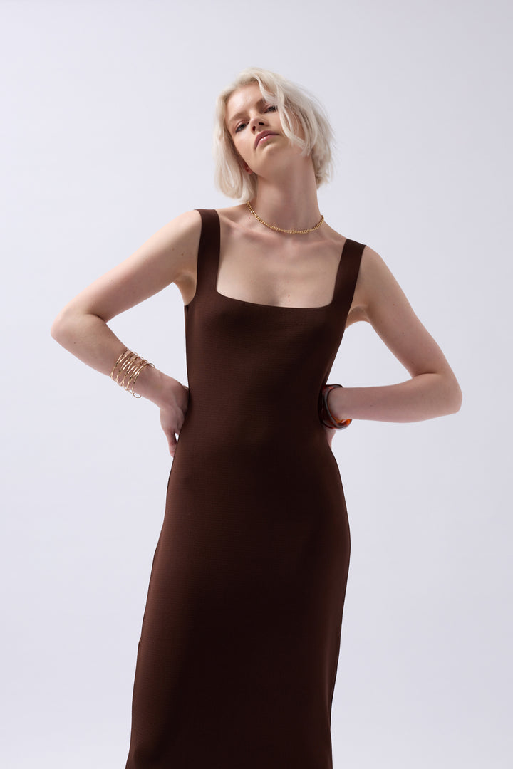 Thick Strappy Midi Brown Dress
