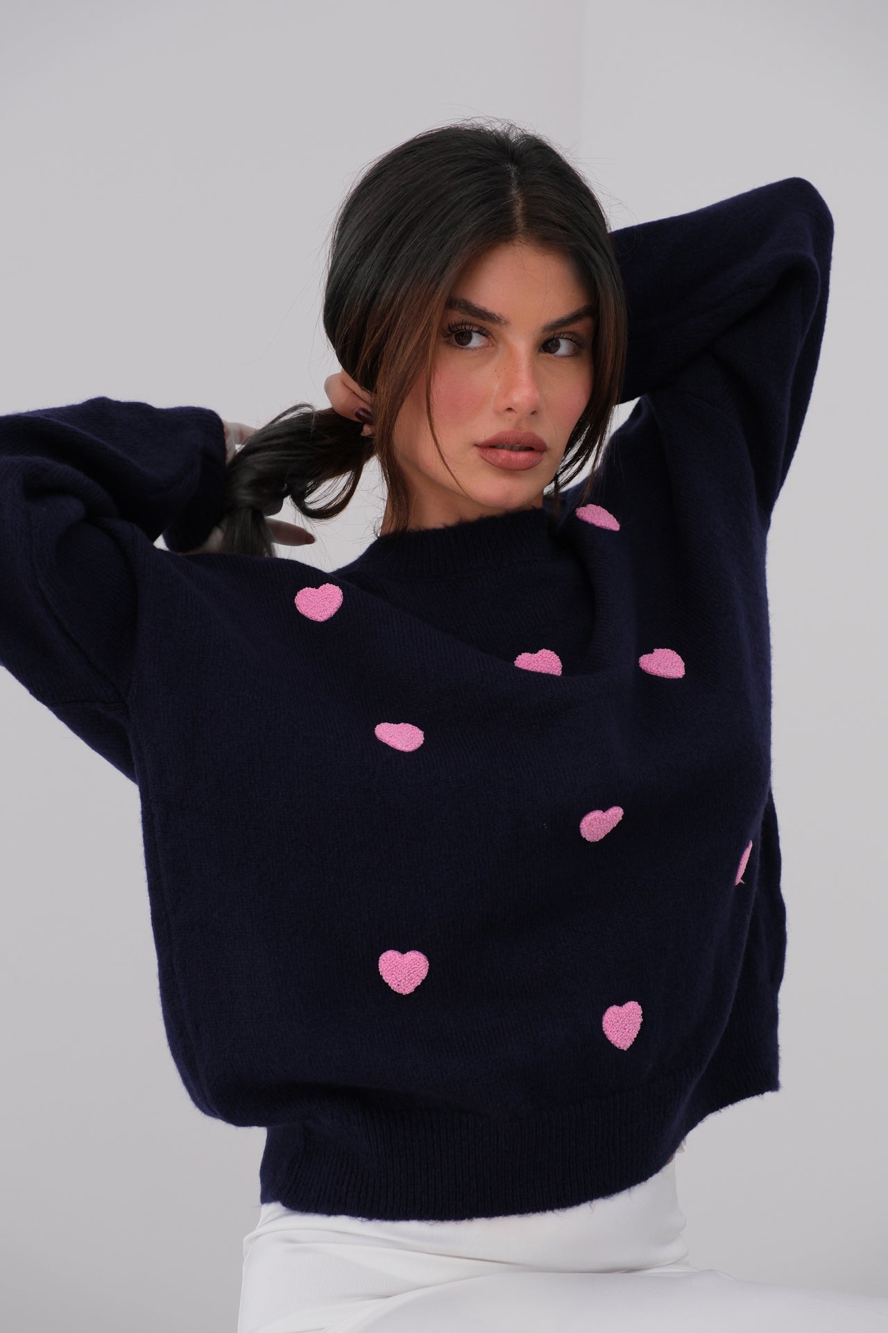 Oversize Navy Blue Knitted Sweater with Heart Detail