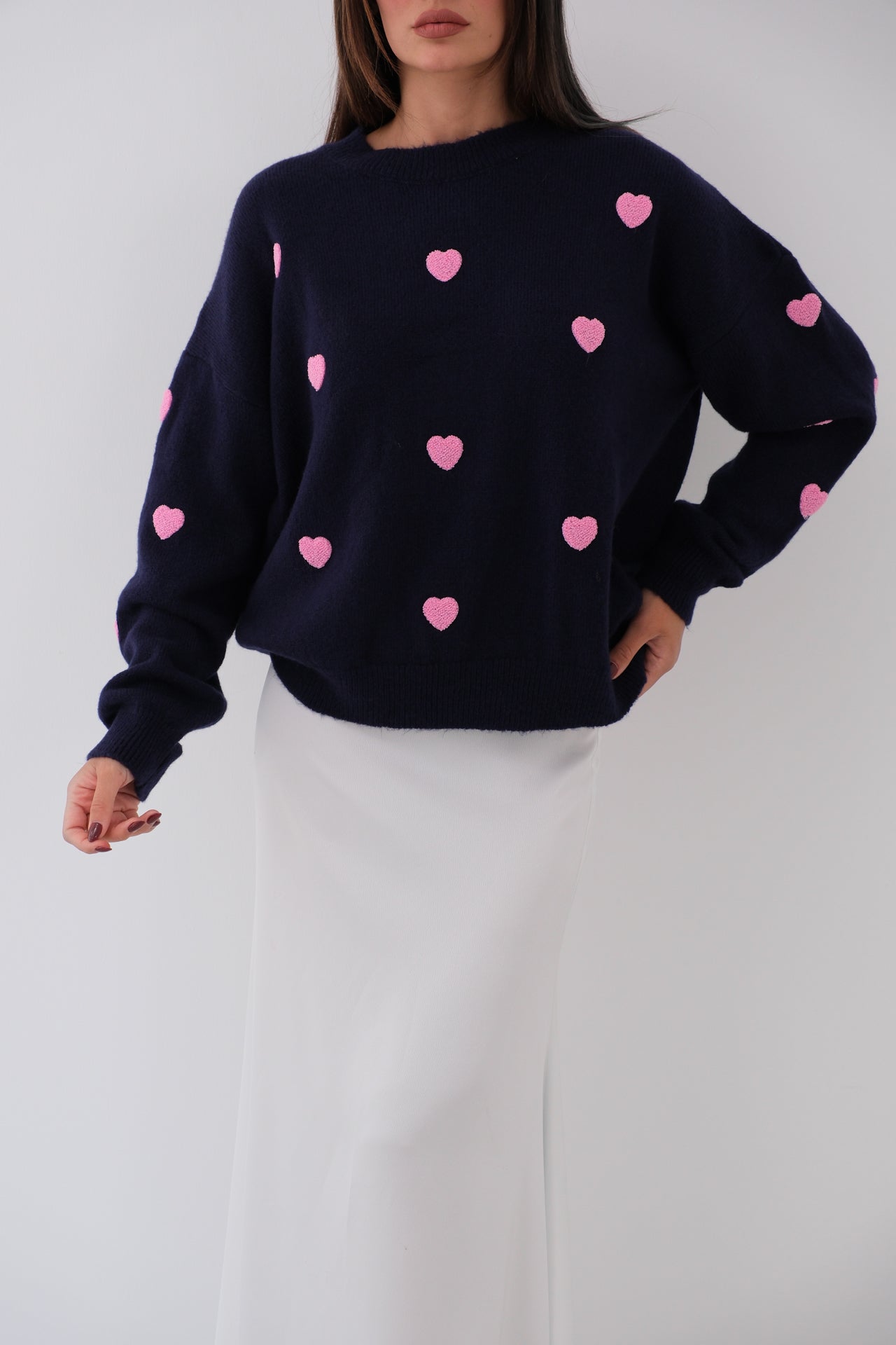 Oversize Navy Blue Knitted Sweater with Heart Detail