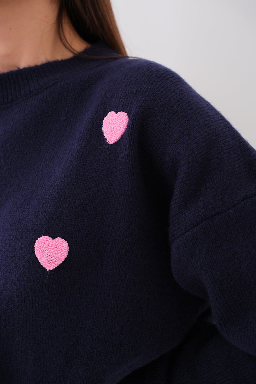 Oversize Navy Blue Knitted Sweater with Heart Detail