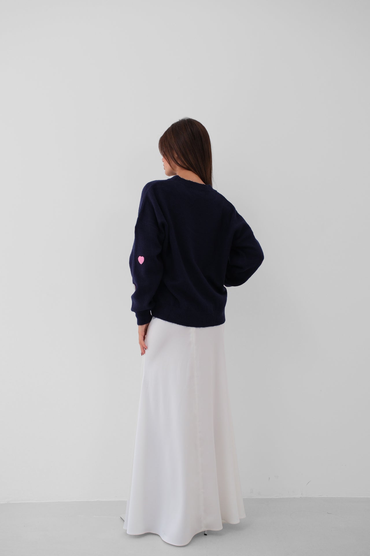 Oversize Navy Blue Knitted Sweater with Heart Detail