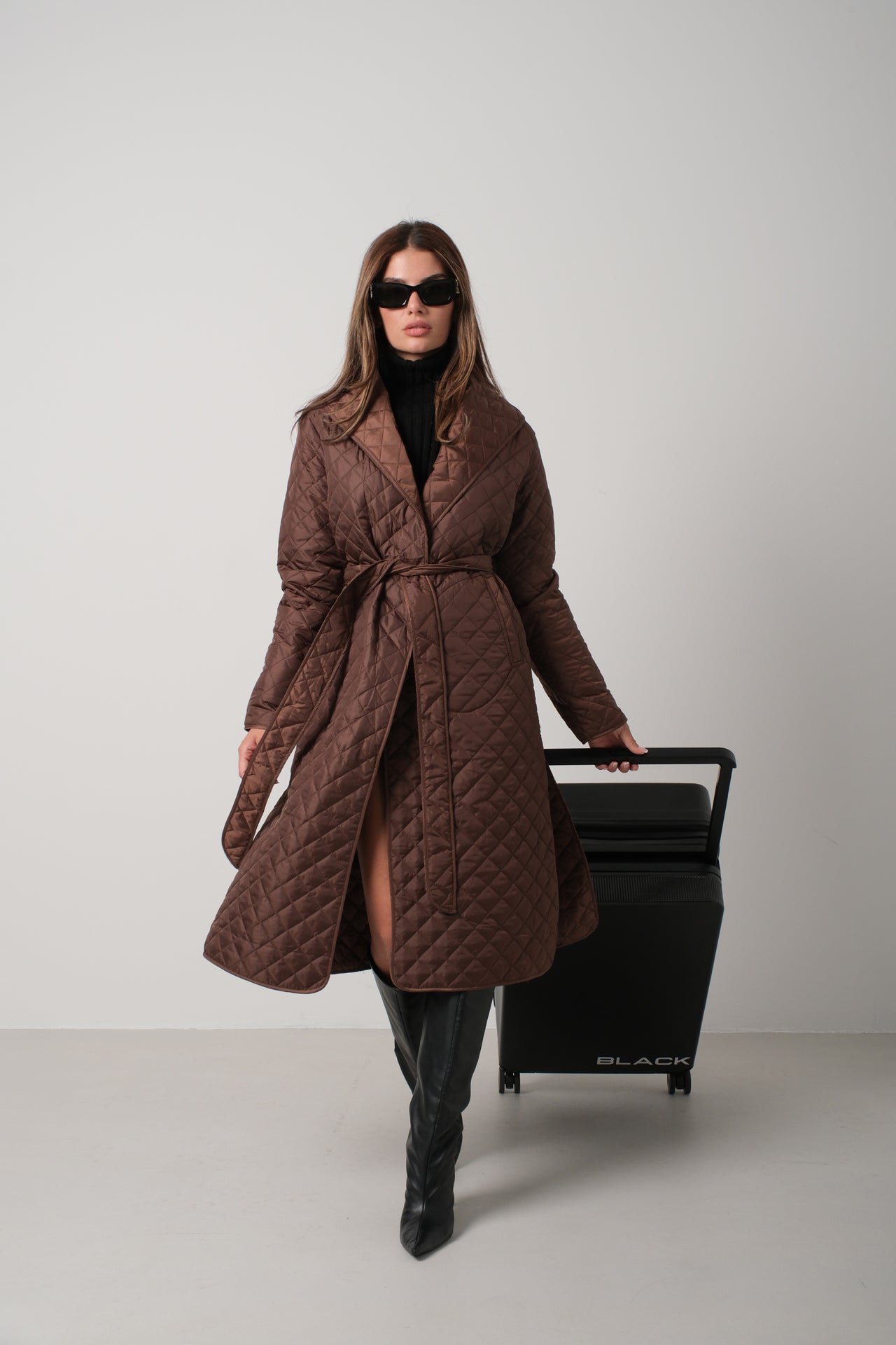 Quilted Pattern Maxi Length Brown Trench Coat 