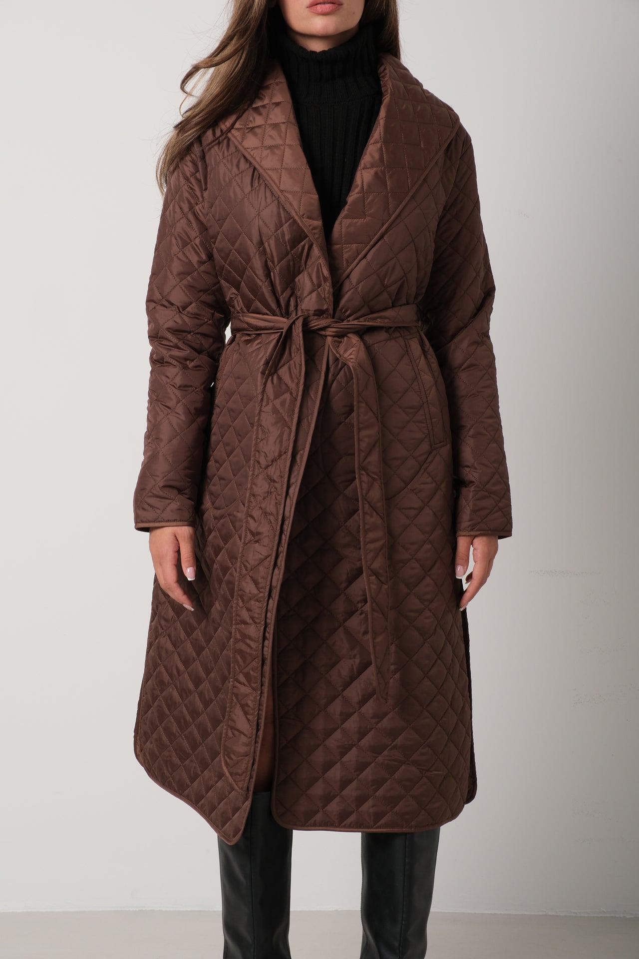 Quilted Pattern Maxi Length Brown Trench Coat 