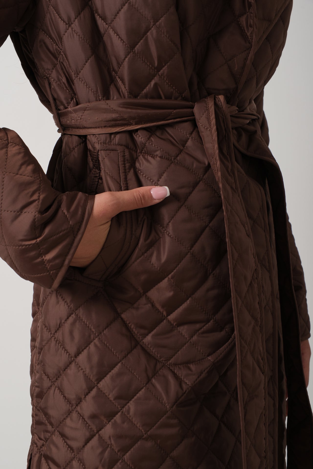 Quilted Pattern Maxi Length Brown Trench Coat 