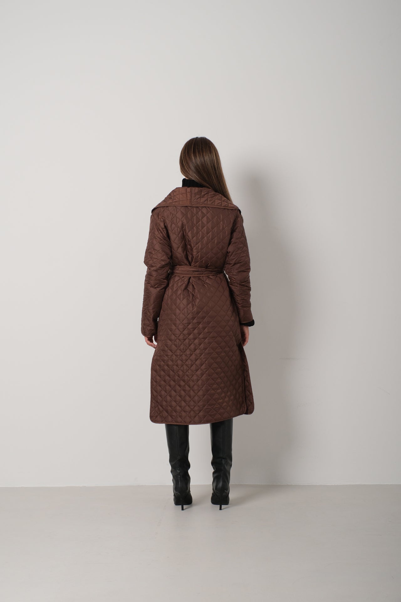 Quilted Pattern Maxi Length Brown Trench Coat 