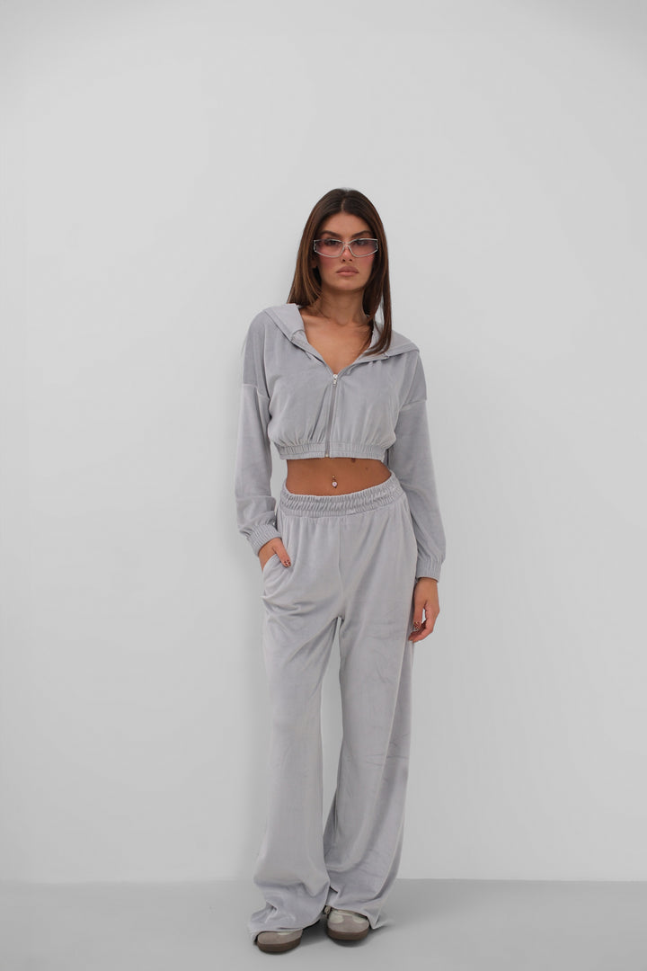 Hooded Zippered Crop Sweat and Tracksuit Velvet Gray Set 