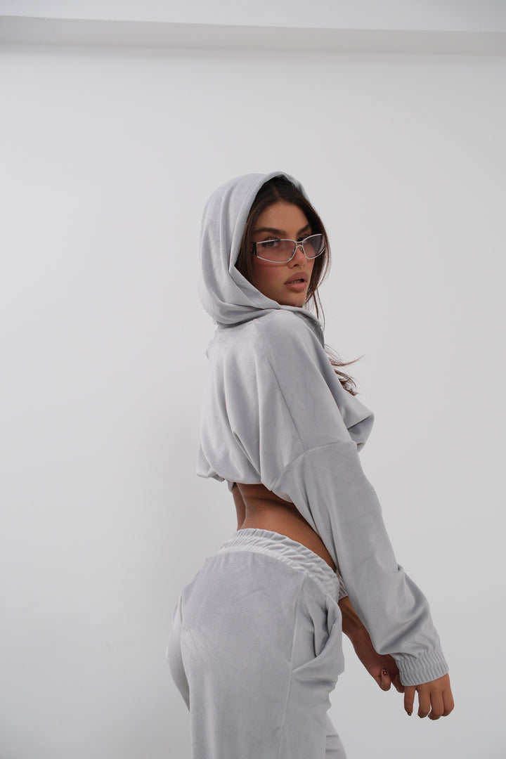 Hooded Zippered Crop Sweat and Tracksuit Velvet Gray Set 