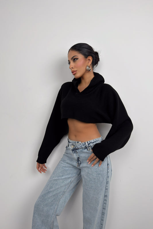 Black Crop Sweater with Hood 