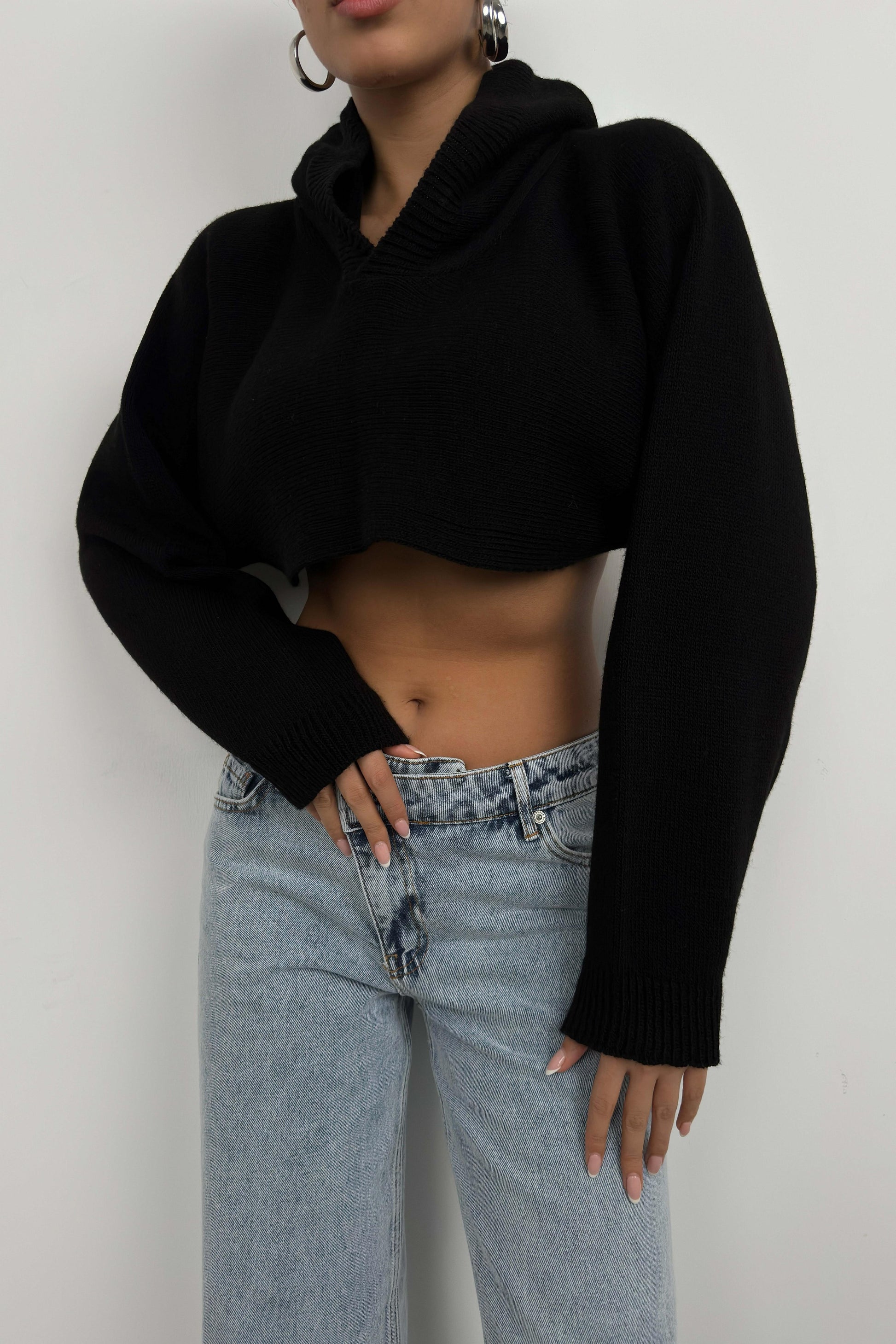 Black Crop Sweater with Hood 